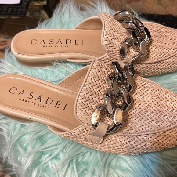 Casadei Shoes - Casadei Chain-Link Genuine Leather Mules -Cream